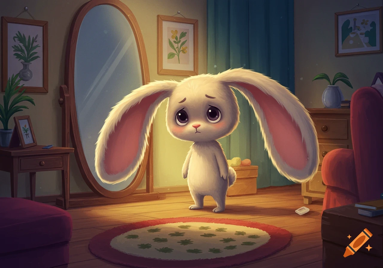 Cute cartoon bunny with long ears looks sad in a cozy room with a mirror.