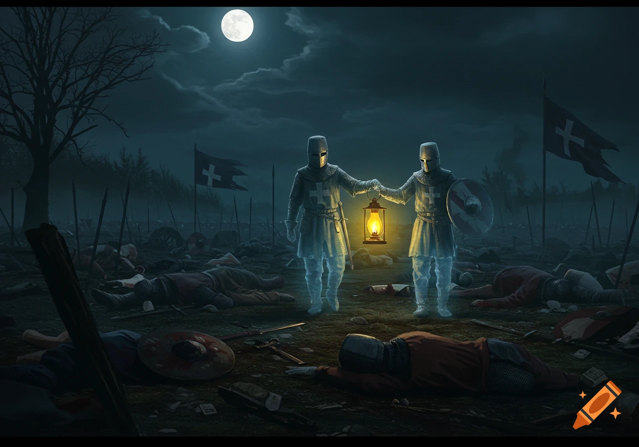 Two ghostly medieval soldiers stand on a battlefield at night with a lantern, surrounded by fallen figures.