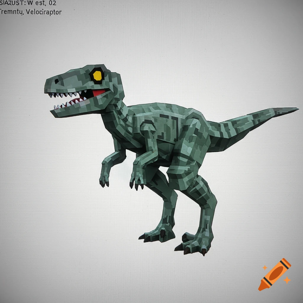 A blocky velociraptor with a camouflage texture, rendered in a Minecraft-like style.