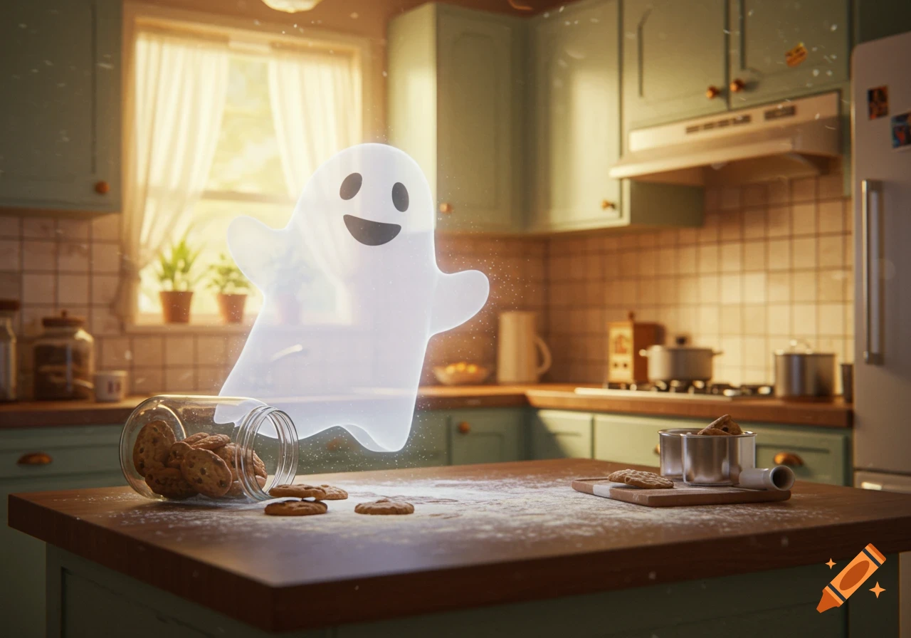 A friendly ghost spills a jar of cookies onto a kitchen counter, making a mess with flour.
