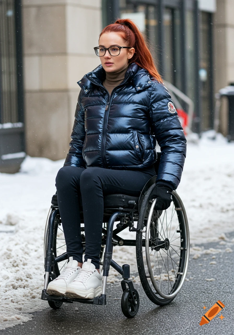 A woman with red hair in glasses and a blue shiny jacket sits in a wheelchair on a snowy street.