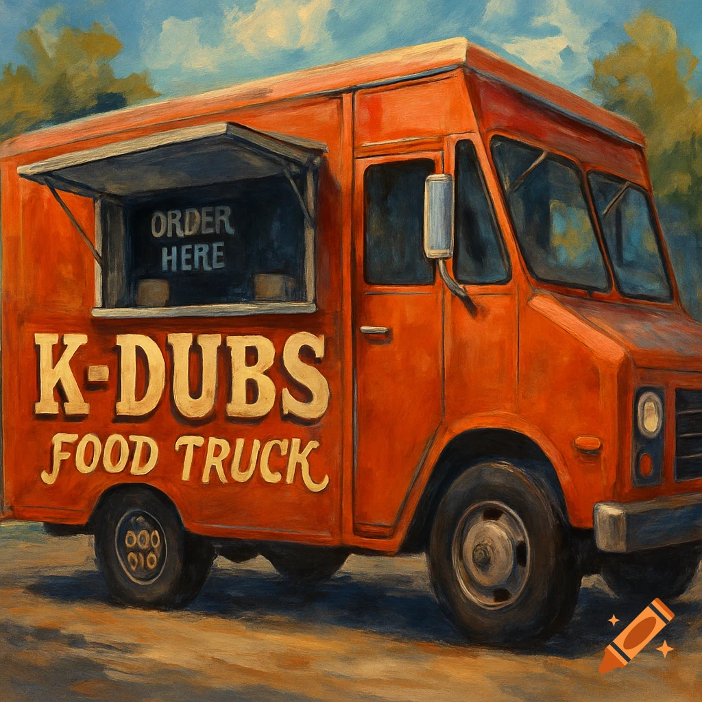 A red food truck with 'K-DUBS FOOD TRUCK' and 'ORDER HERE' text, rendered in a painterly style.