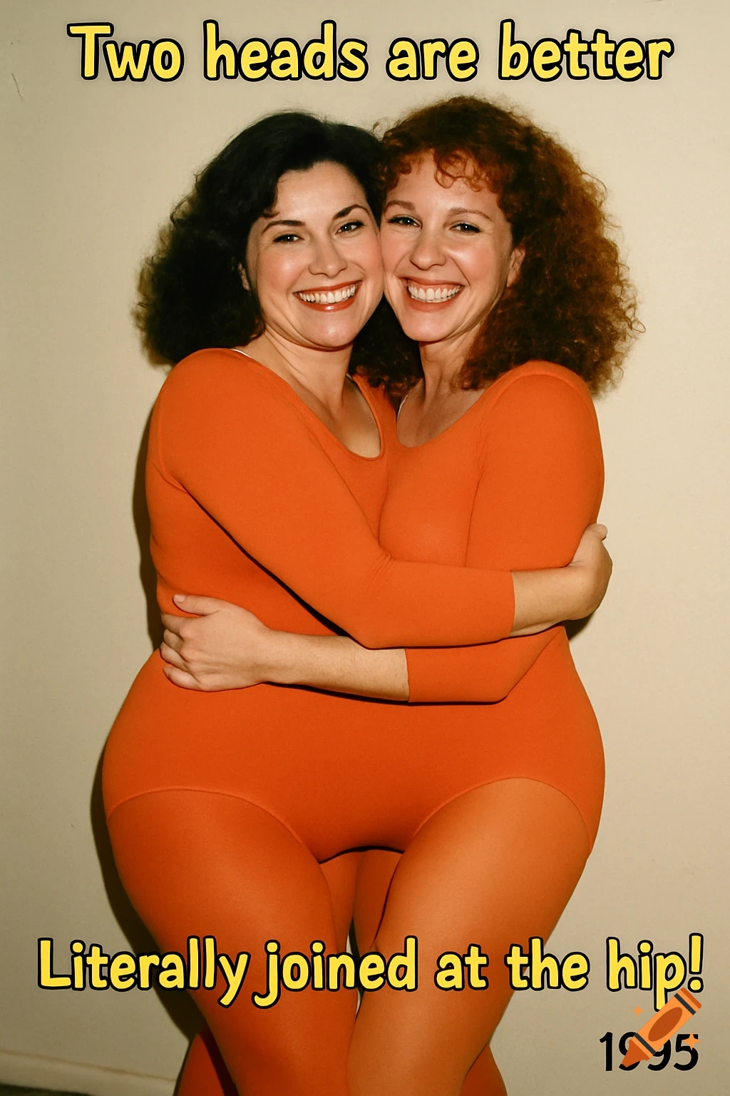 Two women in orange leotards hug to create a two-headed illusion with text overlays "Two heads are better" and "Literally joined at the hip!". 1995 photo style.