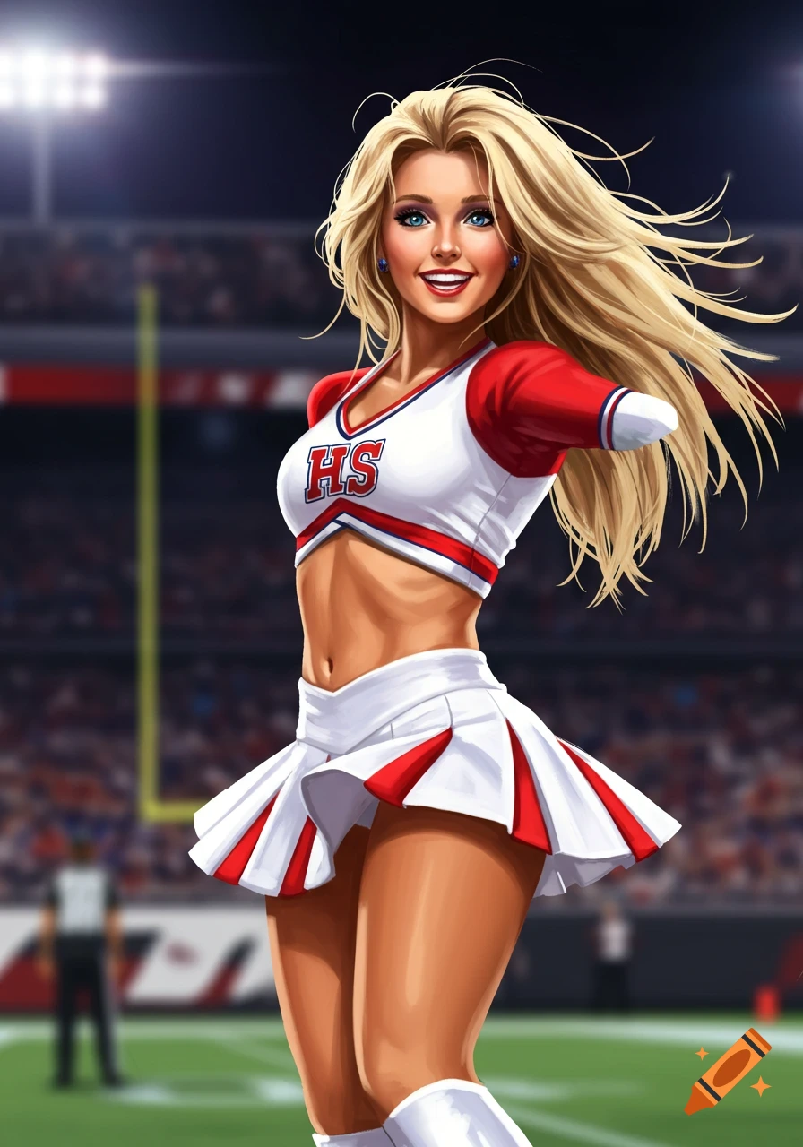 An illustration of a female cheerleader with blond hair and blue eyes in a stadium.