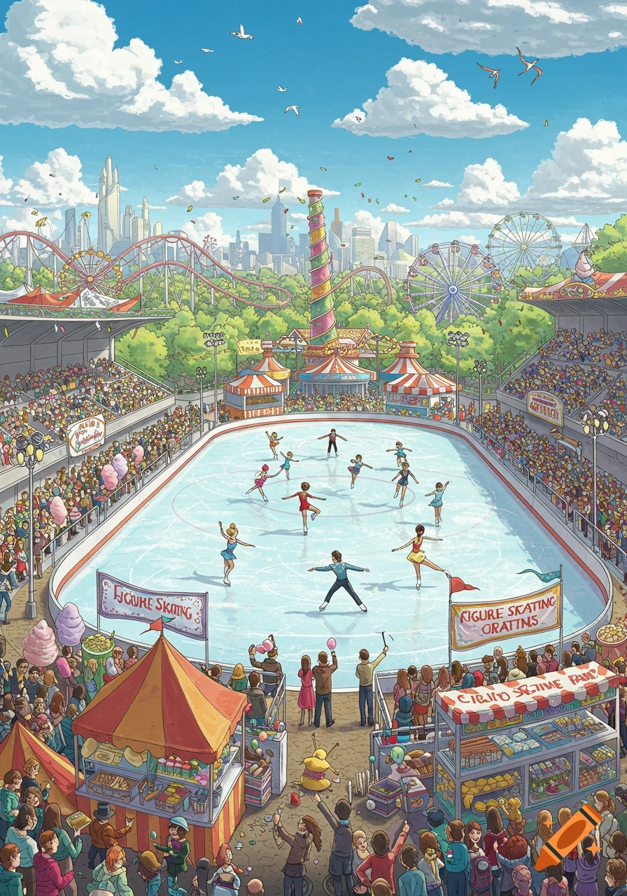 Illustration of a figure skating competition in a busy theme park with roller coasters, a Ferris wheel, and large crowds.