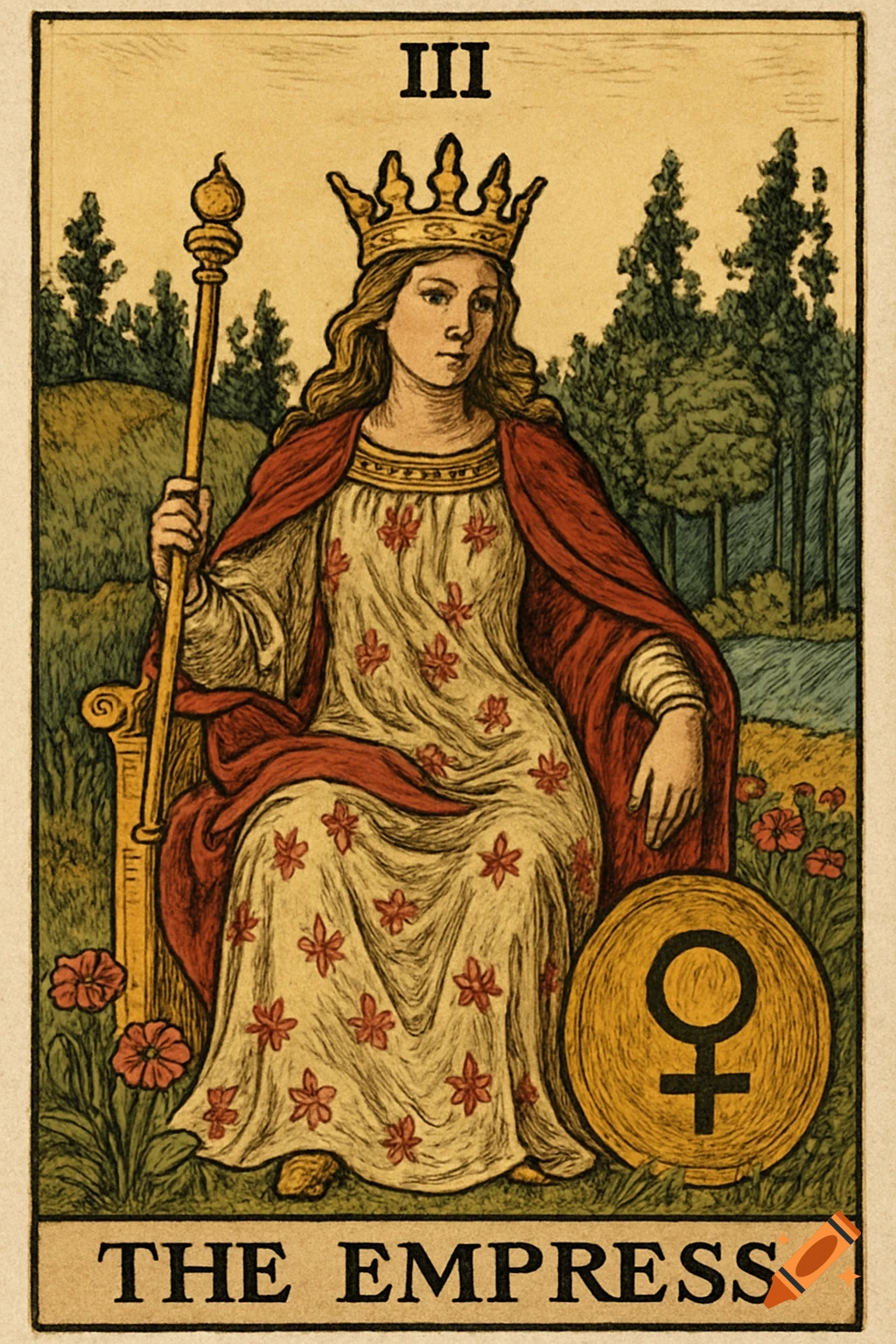 An illustration of the Empress tarot card, depicting a seated woman with a crown and staff, in a classic style.