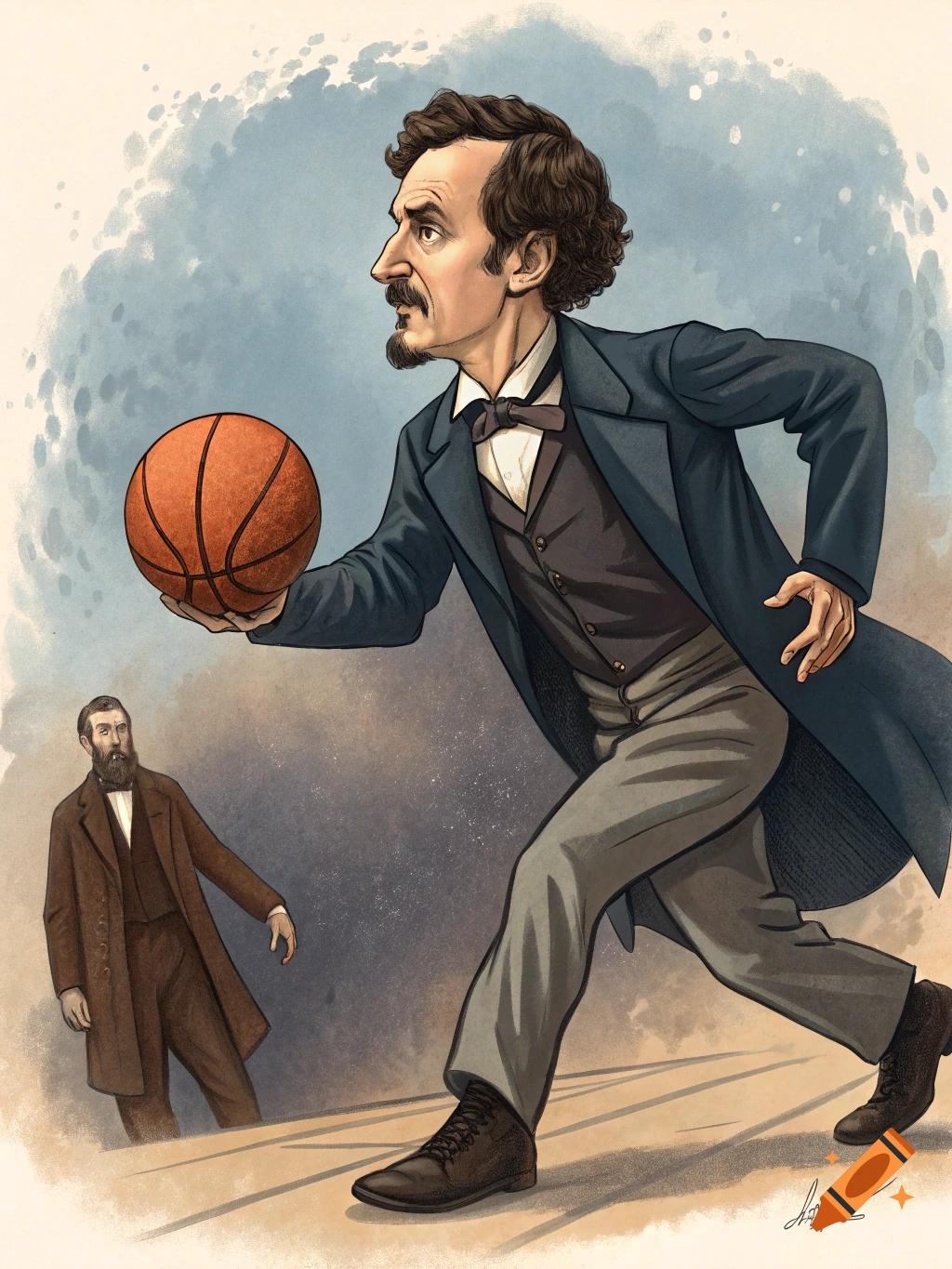 Caricature of John Wilkes Booth dribbling a basketball with Abraham Lincoln in the background.