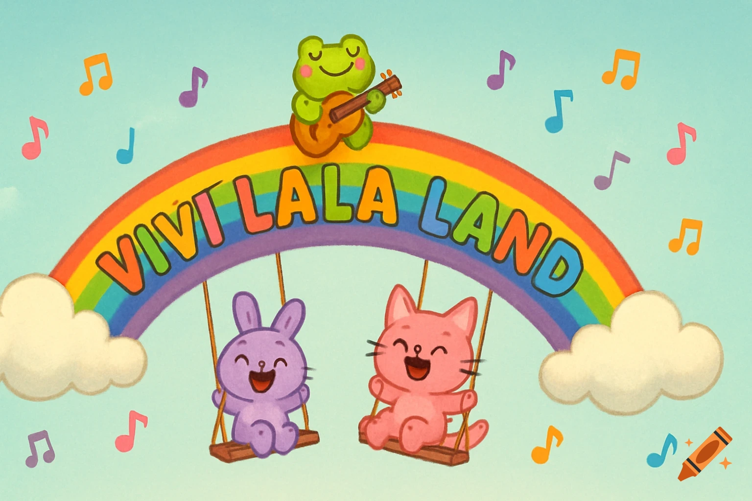 Cartoon frog plays guitar on a rainbow with a bunny and cat swinging below, surrounded by music notes.