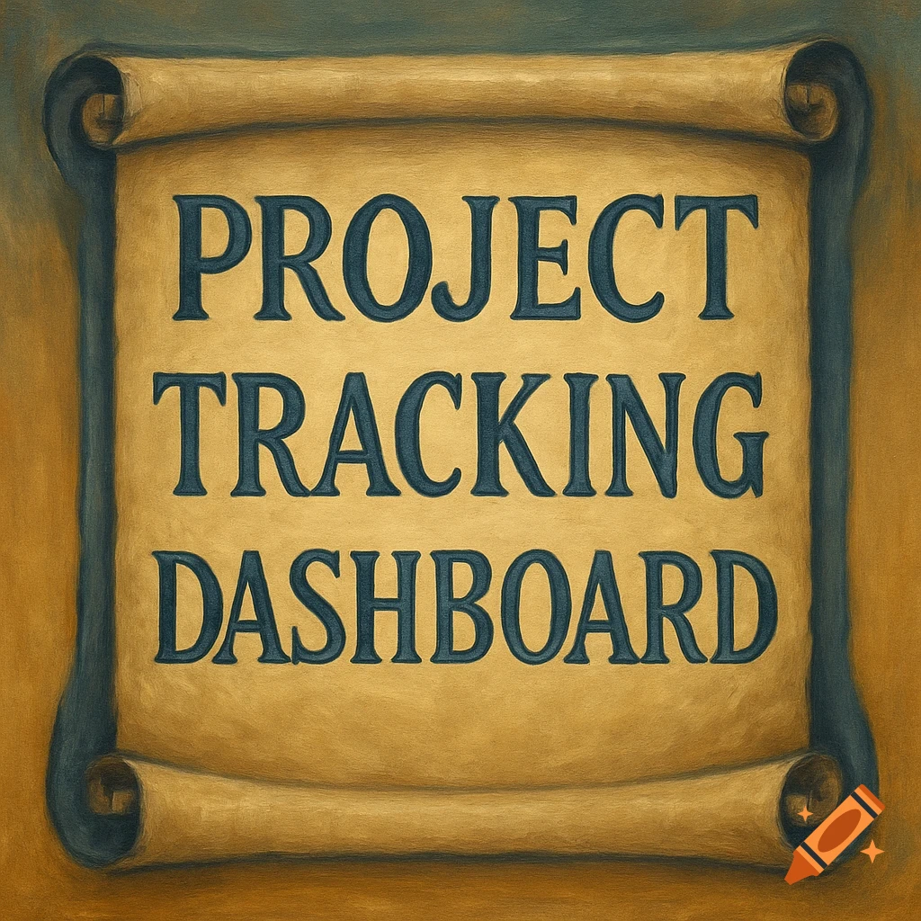 A painted scroll banner with the words PROJECT TRACKING DASHBOARD.