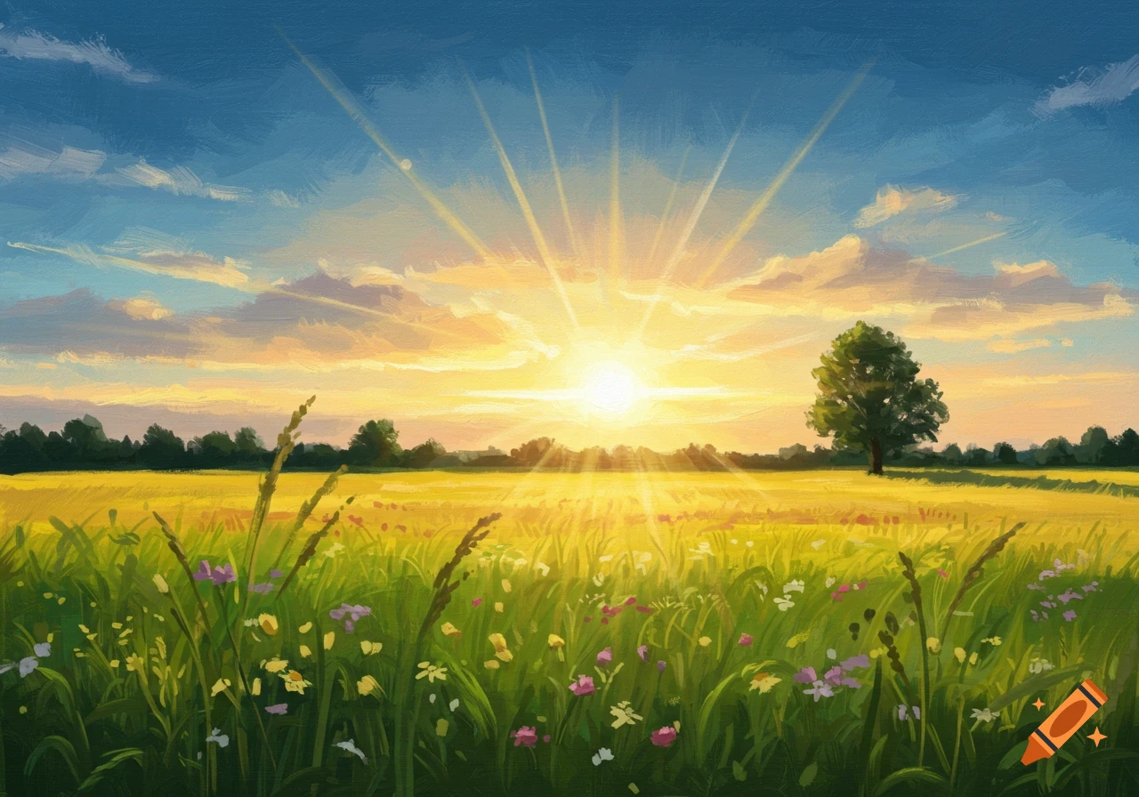 Painterly landscape of a field with wildflowers under a bright sunrise or sunset.