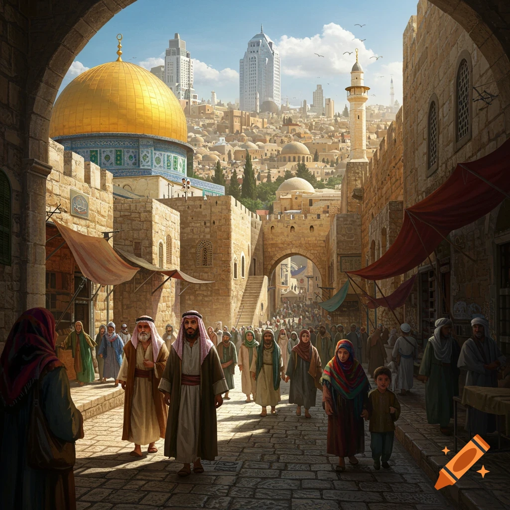 A crowded street scene in a city resembling Jerusalem, with people in traditional clothing and the golden Dome of the Rock.