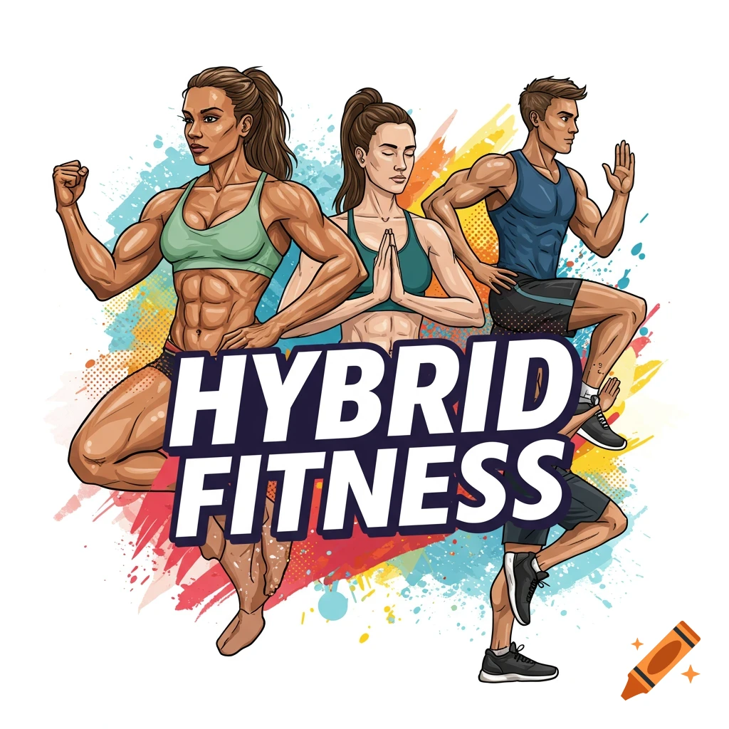 Illustrated people exercising with 'HYBRID FITNESS' text and colorful paint splatters