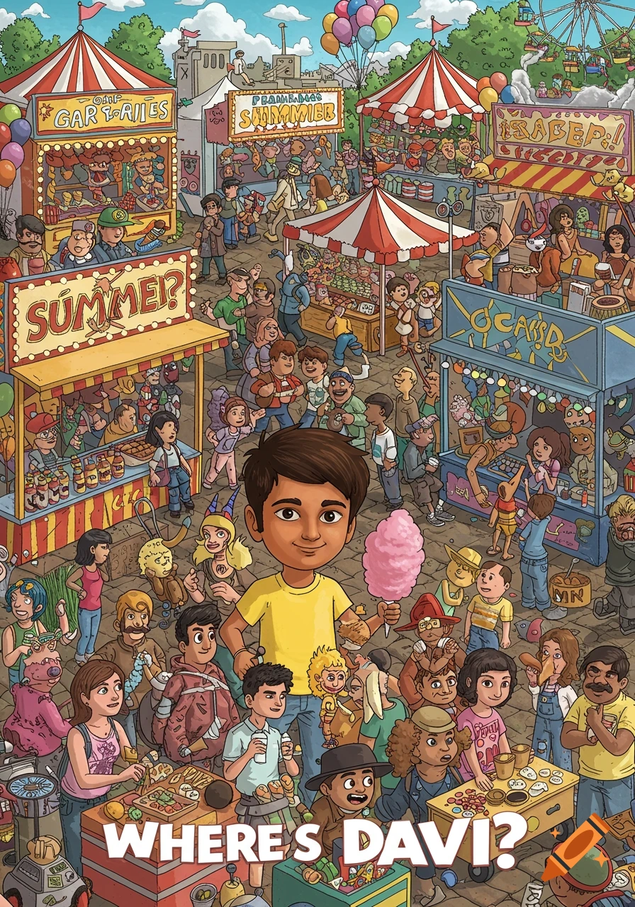 A crowded cartoon illustration of a fairground with a boy holding cotton candy and "WHERE'S DAVI?".