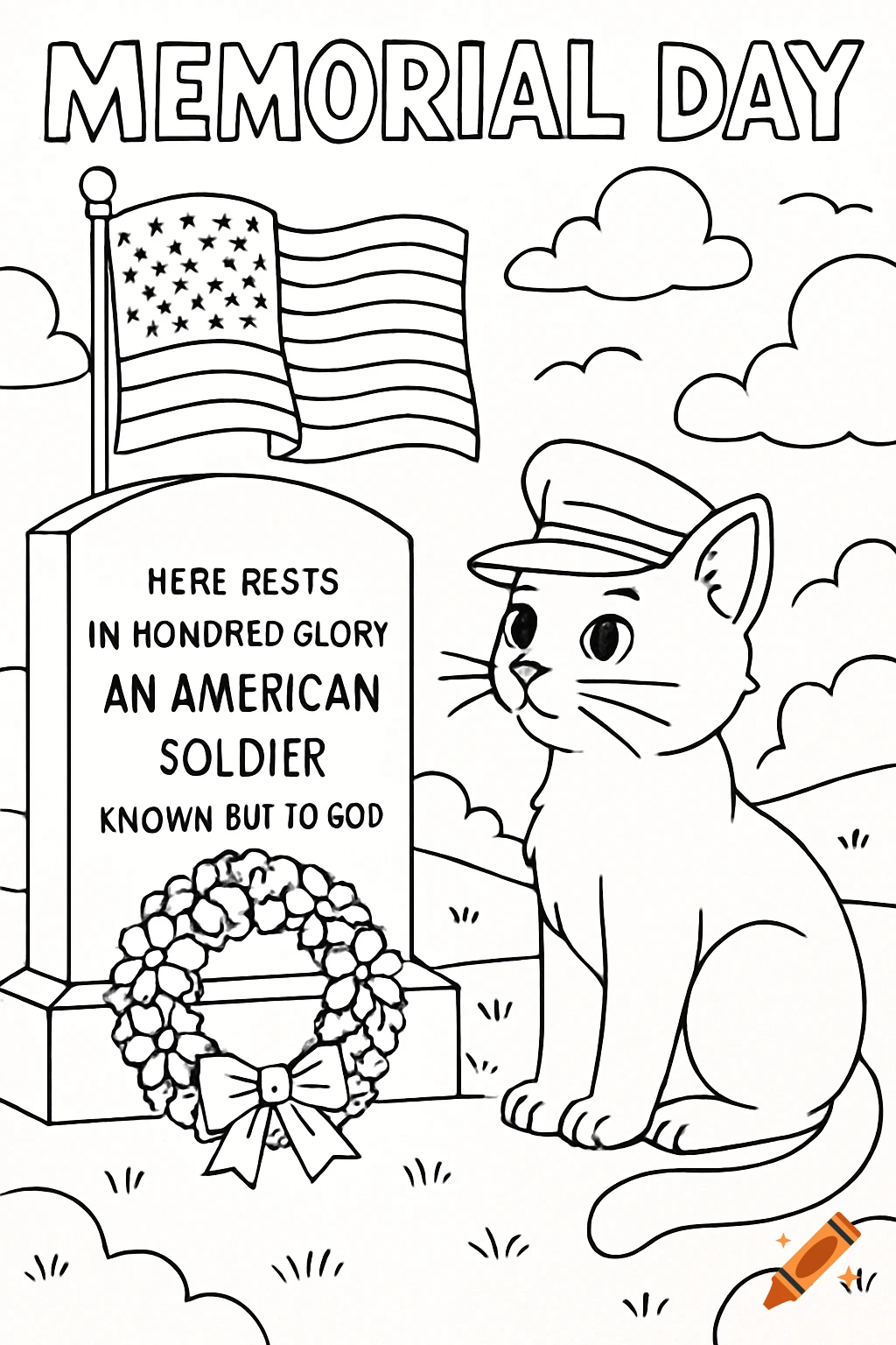 Memorial Day coloring page featuring a cat sitting near a gravestone with an American flag and wreath.