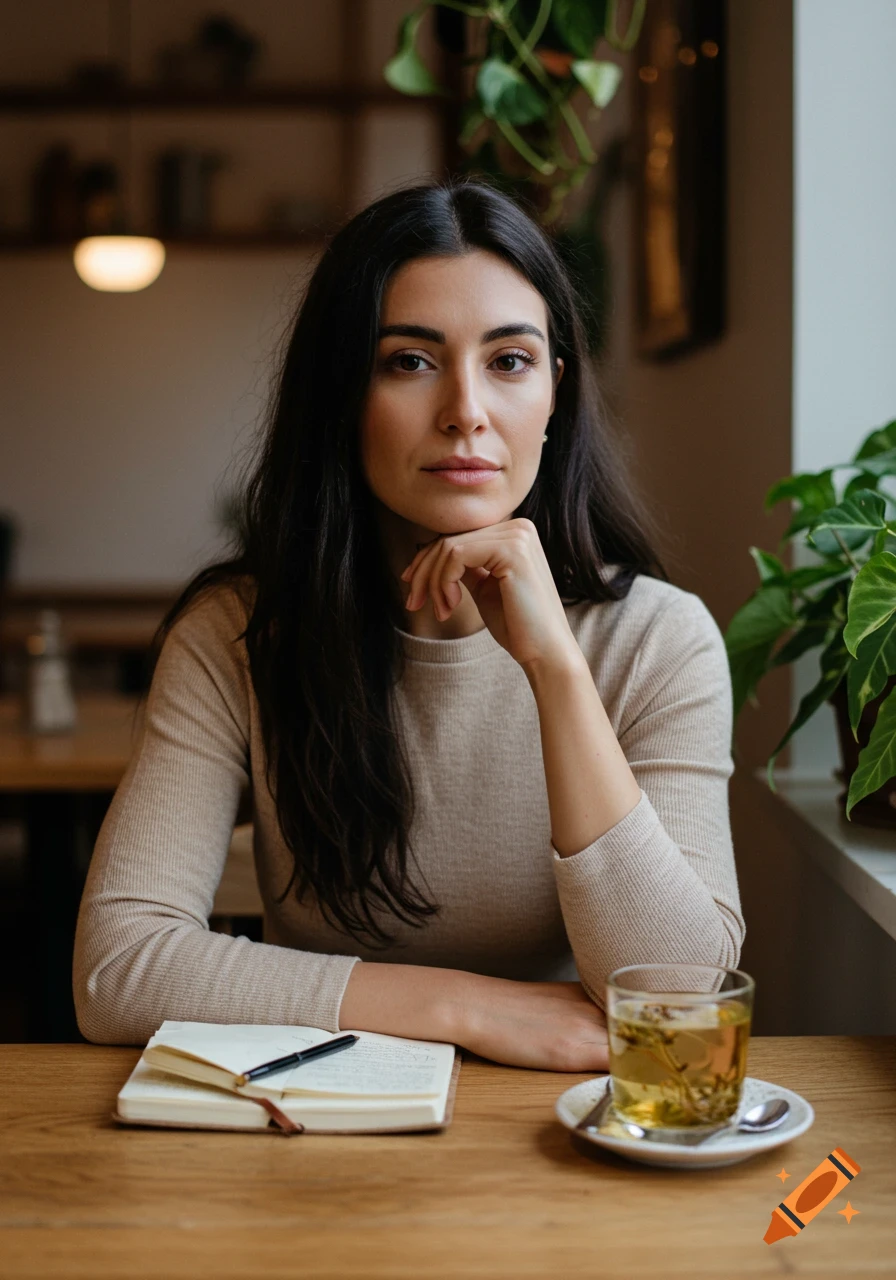 Woman with dark hair sitting at a cafe table with a journal and tea in warm light