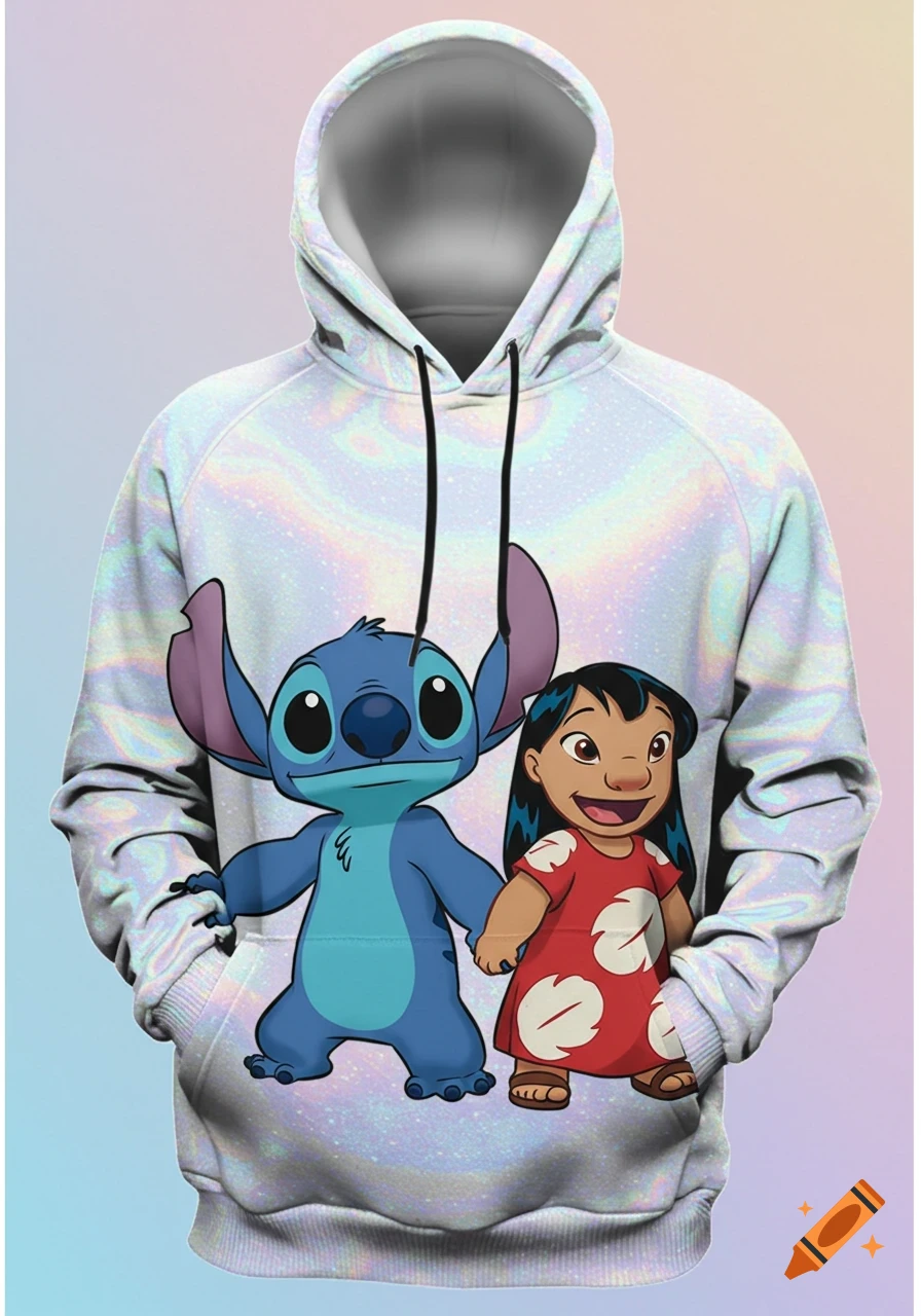 A holographic hoodie featuring Lilo and Stitch characters.