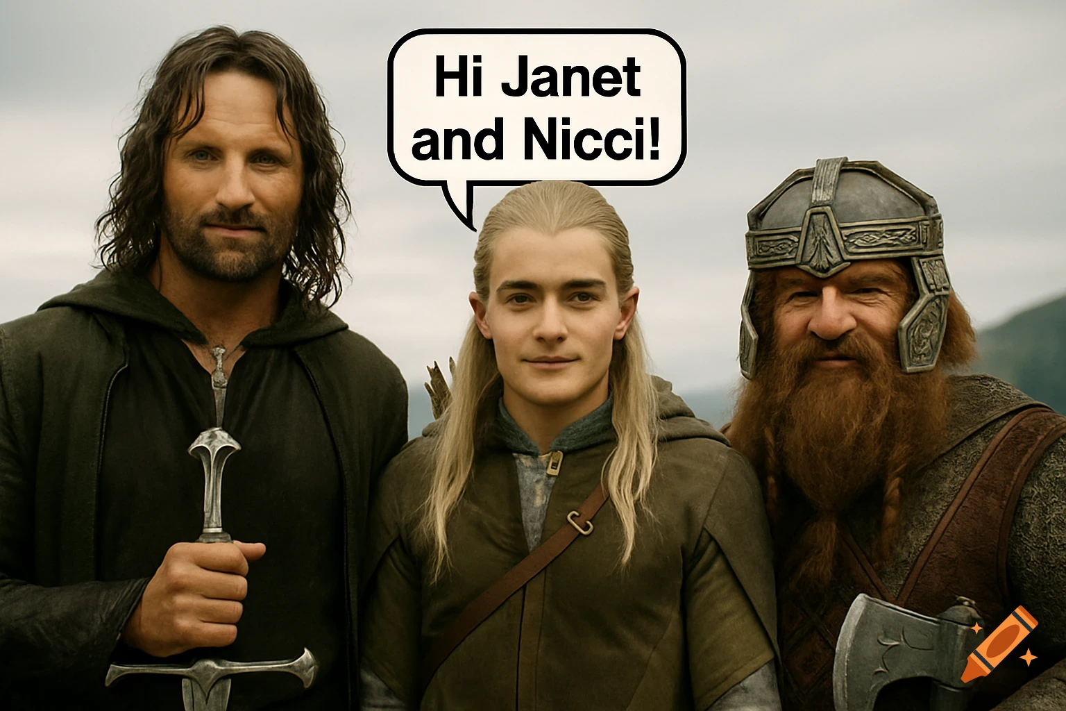 Photorealistic image of Aragorn, Legolas, and Gimli from Lord of the Rings with a speech bubble saying 'Hi Janet and Nicci!'