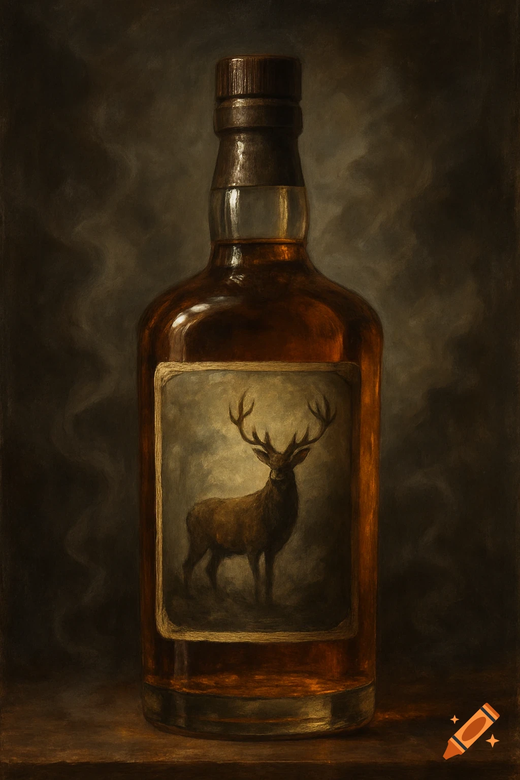 Still life painting of a whiskey bottle with a deer on the label