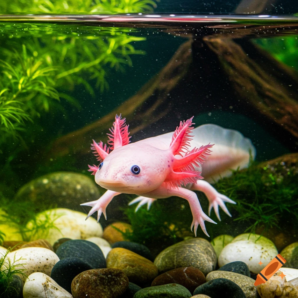 A pink axolotl swims in an aquarium among rocks and green plants.