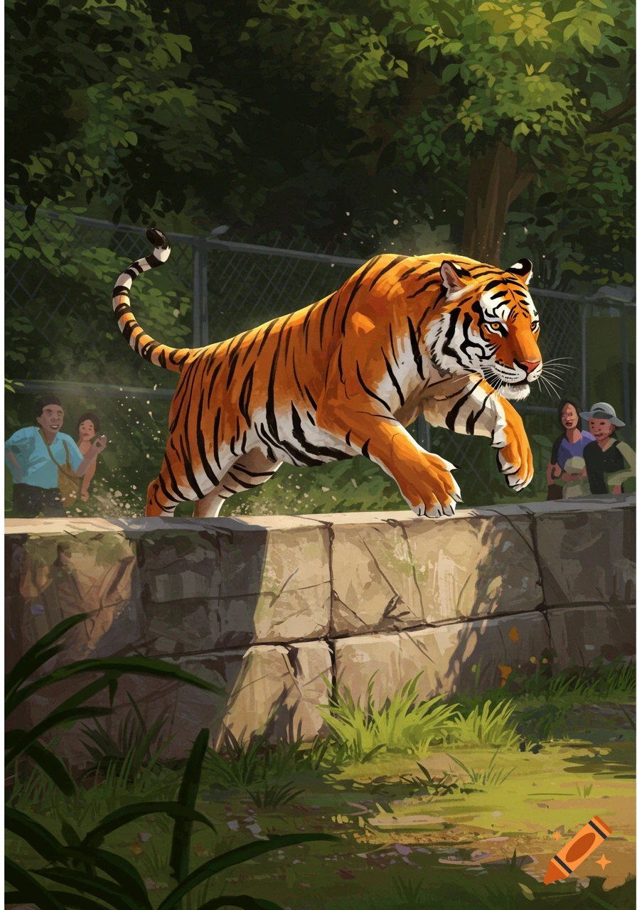 An illustration of a tiger jumping over a wall in a zoo enclosure with people watching.