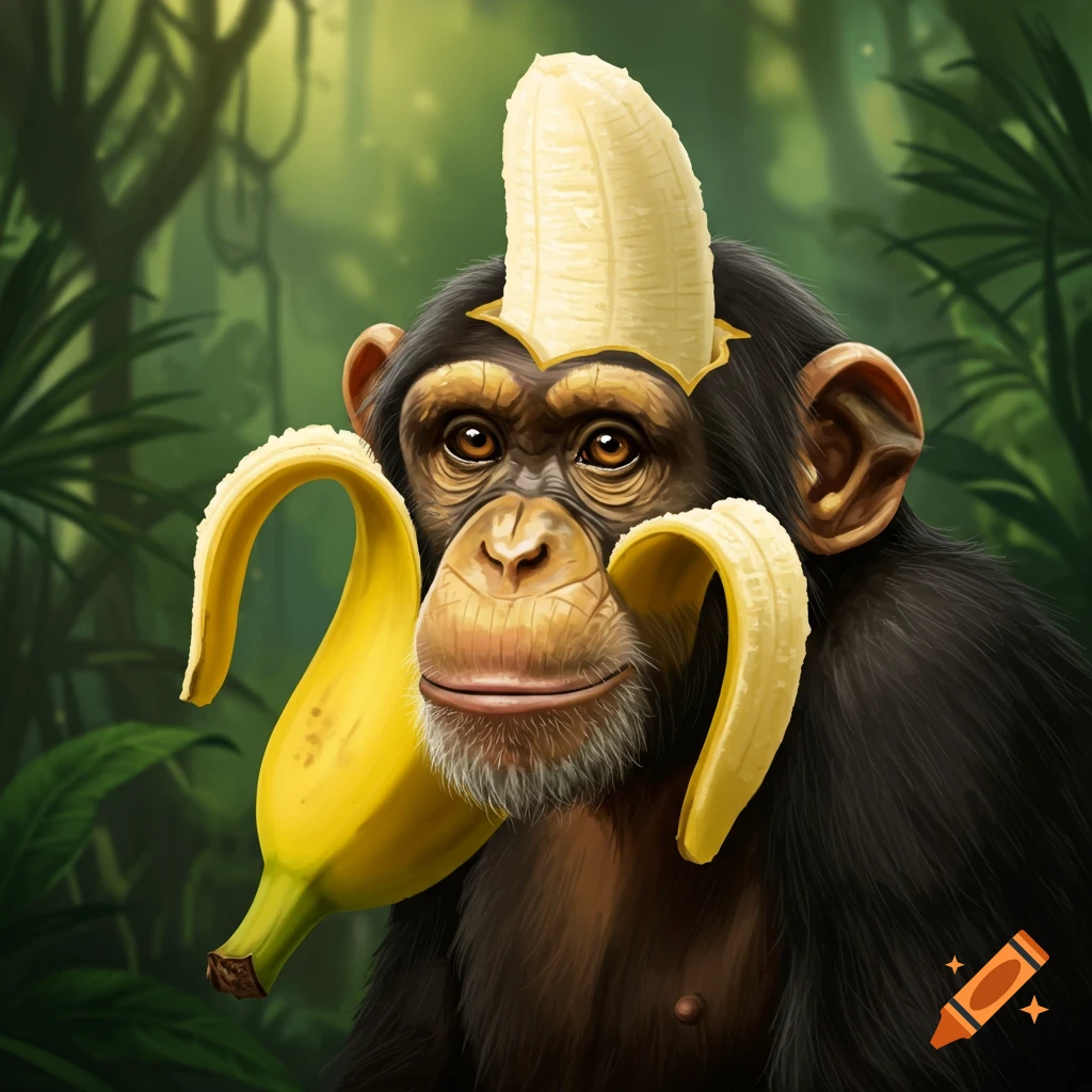 An illustration of a chimpanzee wearing a banana peel as a hat, holding banana peels in a jungle.