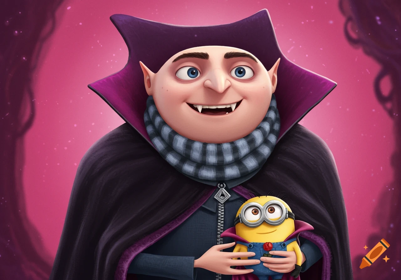 Gru dressed as a vampire holding a Minion