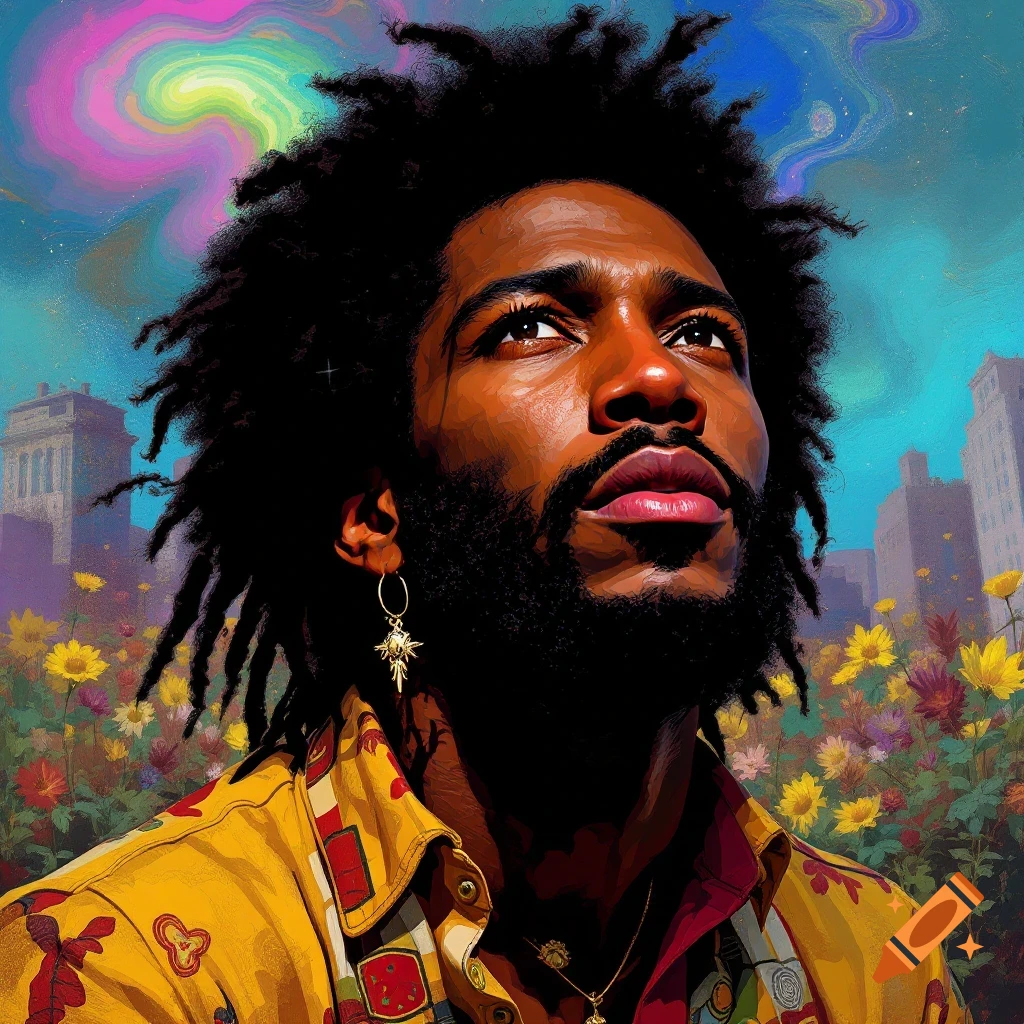 Portrait of a Black man with dreadlocks looking up, surrounded by flowers and buildings, in a vibrant psychedelic style.