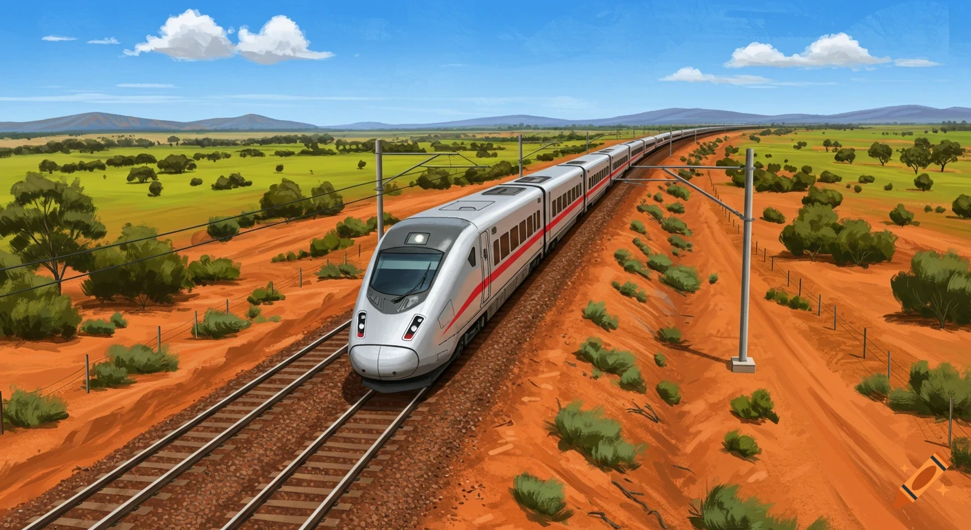 A high-speed train travels through a red dirt Australian landscape under a blue sky, digital painting style.