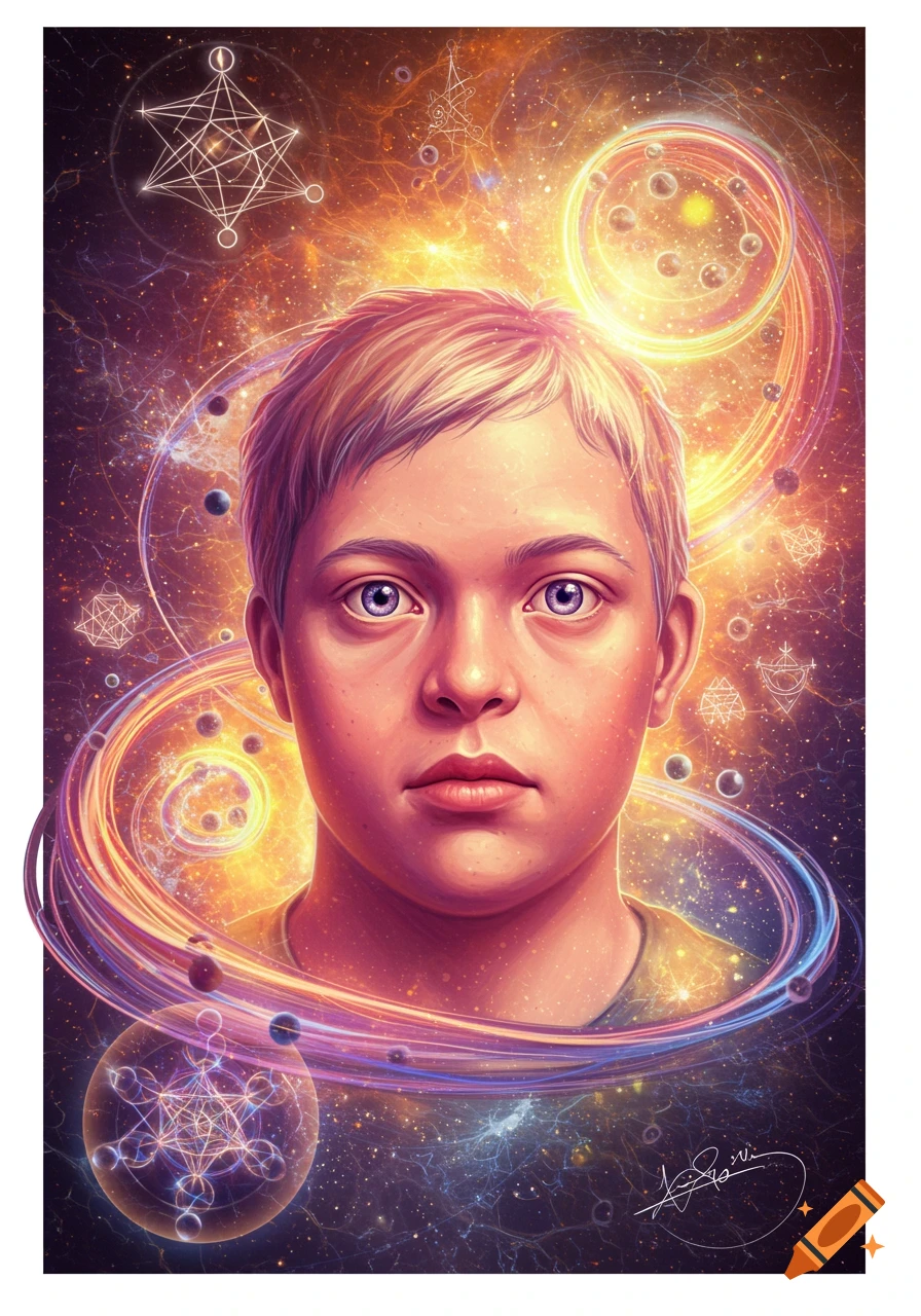 Close-up portrait of a young person surrounded by glowing cosmic energy and geometric shapes.