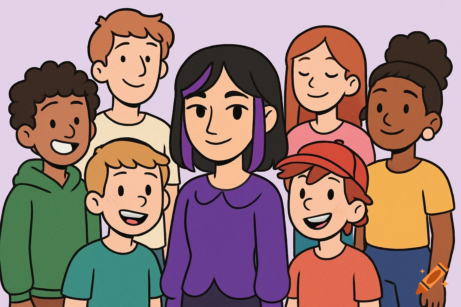 Cartoon illustration of a diverse group of seven smiling people.
