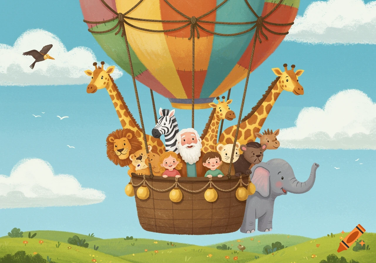 Cartoon illustration of Noah, children, and various animals in a colorful hot air balloon over green hills.