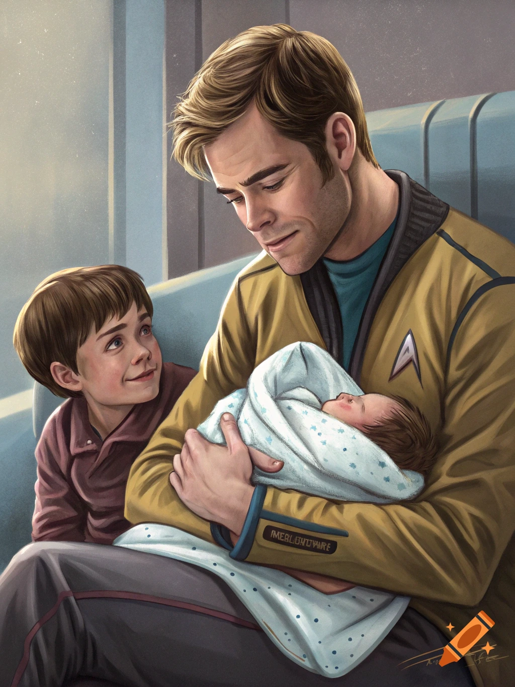 Painting of a man in a sci-fi uniform holding a baby, with a young boy looking at them.