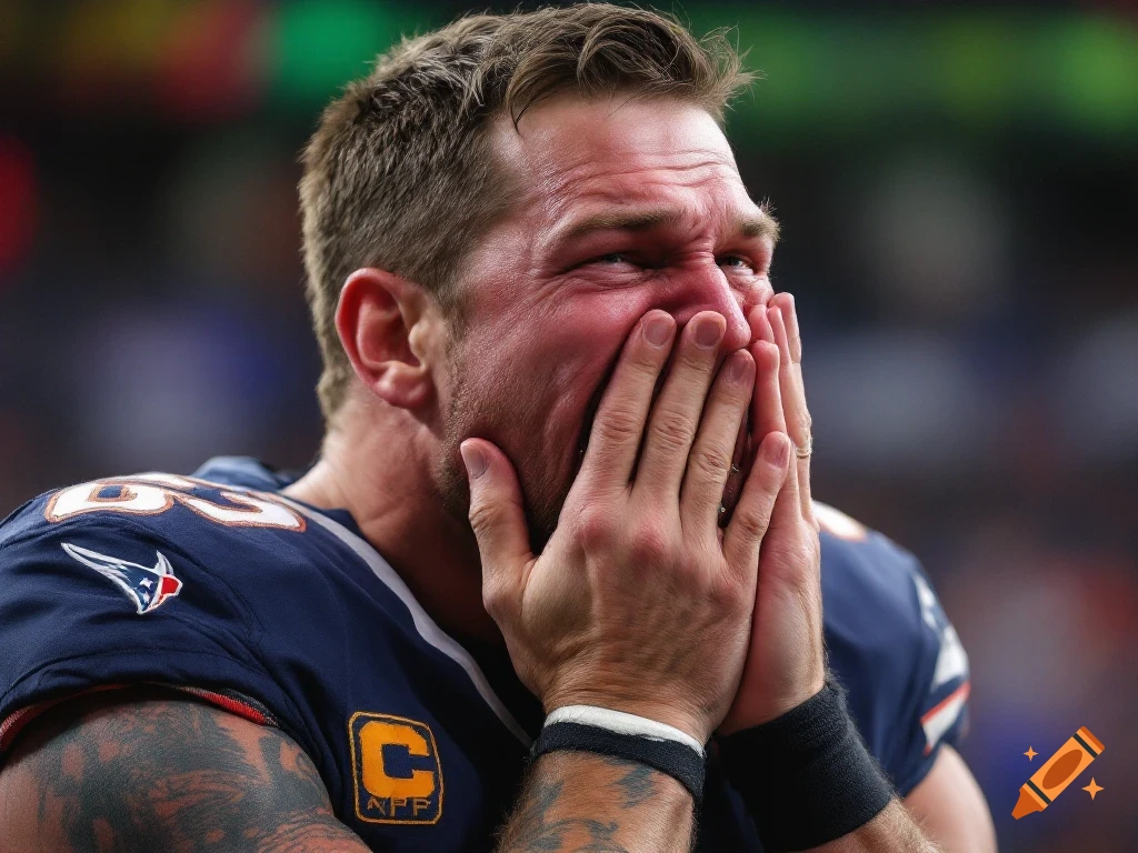 Close-up portrait of Rob Gronkowski crying in a football uniform.