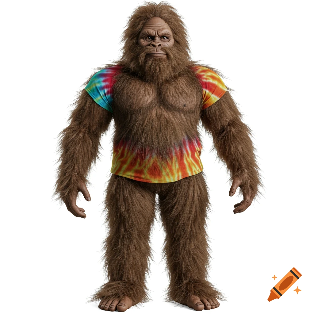 Photorealistic Bigfoot with detailed fur texture wearing a vibrant tie-dye t-shirt, standing against a white background.