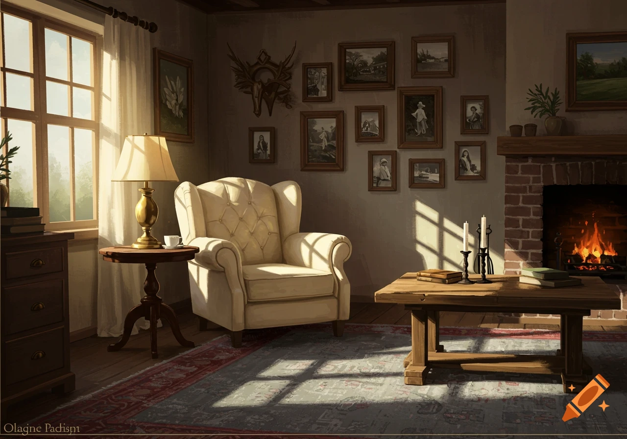 A cozy rustic living room with a fireplace, armchair, coffee table, and window with sunlight streaming in.