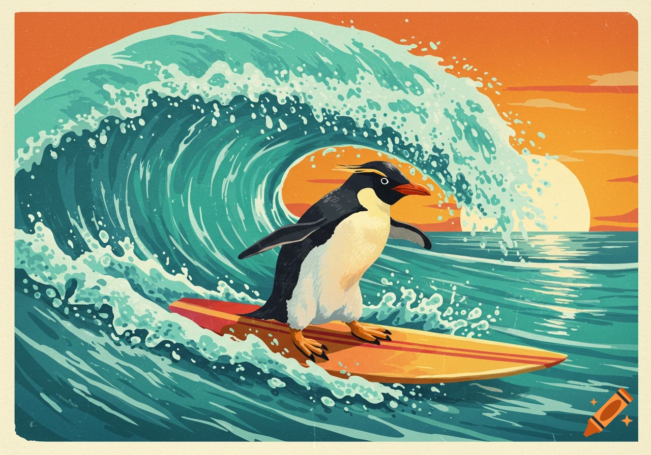A macaroni penguin surfs a large wave at sunset in a retro artwork style.