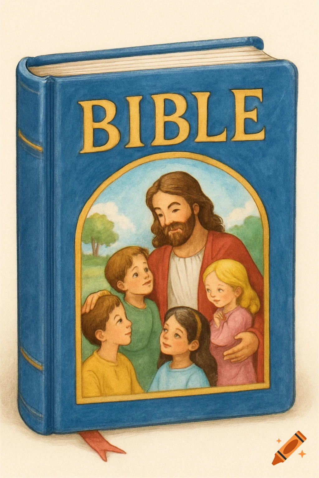 A drawing of a blue Bible with the word BIBLE on the cover and an illustration of Jesus with children.