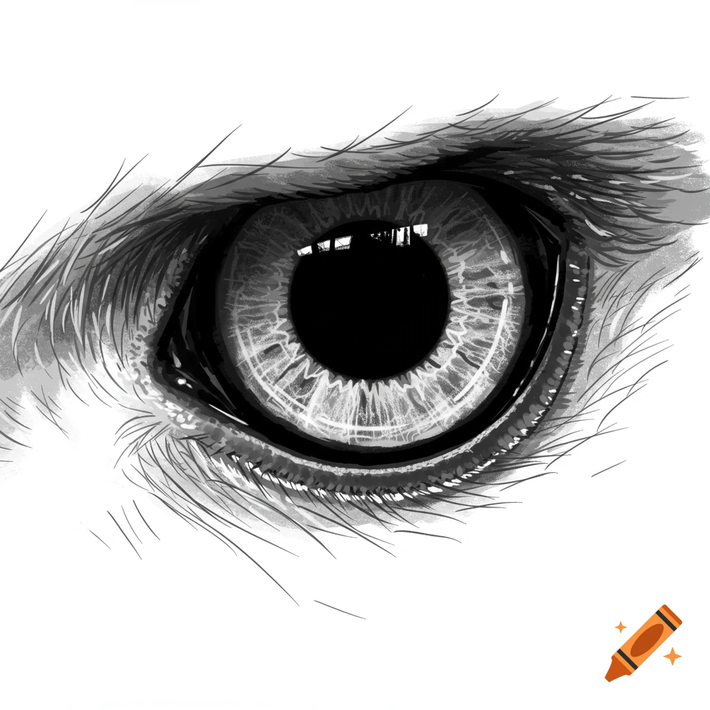 Close-up black and white sketch of an eagle eye.