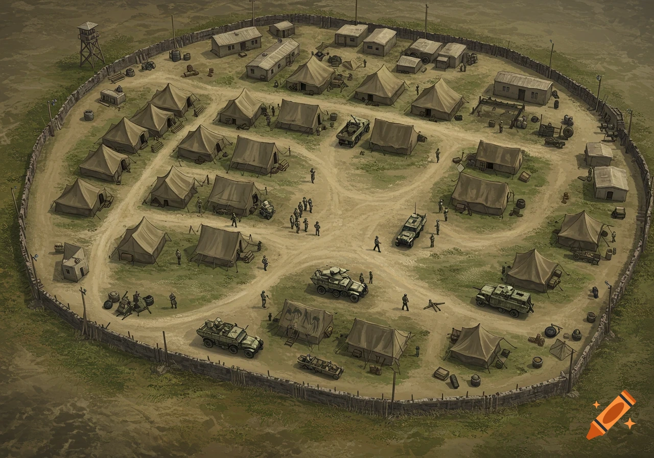 Top-down view of a military camp with tents, buildings, vehicles, and soldiers inside a walled perimeter.