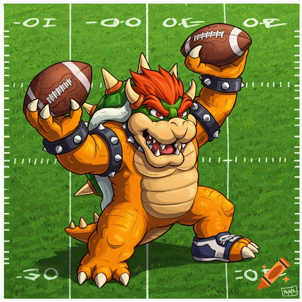 Cartoon illustration of Bowser holding two footballs on a football field.