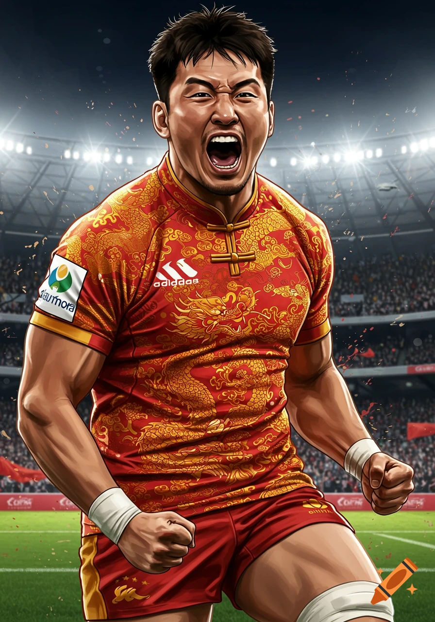 Dynamic illustration of a Chinese rugby player in a red and gold dragon jersey, yelling in a stadium.