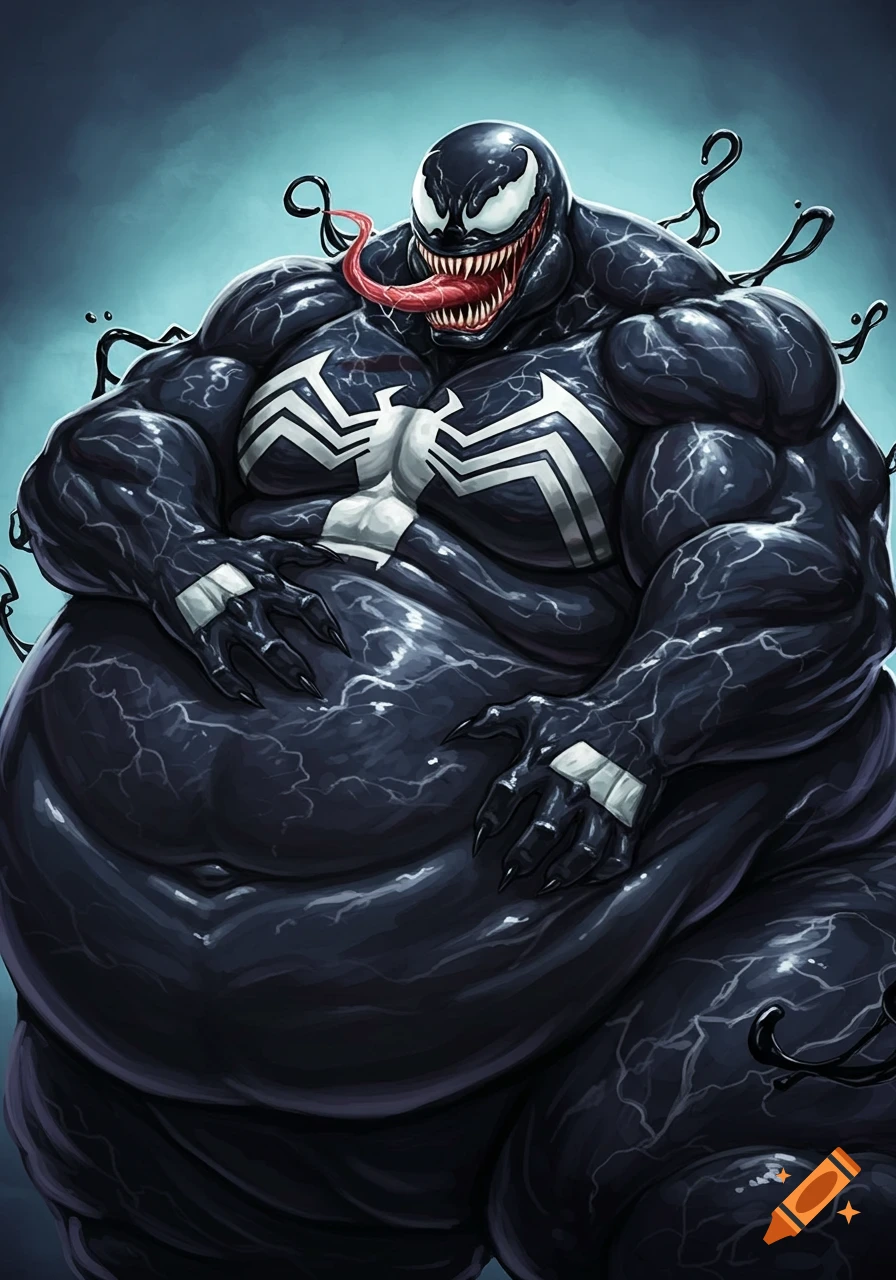 Massively obese Venom hugging his stomach in an illustrative style