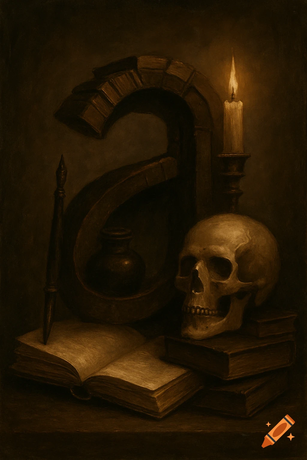 Still life arranged as lowercase 'a' with skull, open book, inkwell, quill, candle, and archway, in a dark painting style.