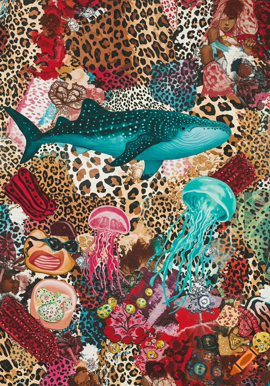 A vibrant collage pattern with leopard print, whale shark, jellyfish, and abstract shapes.