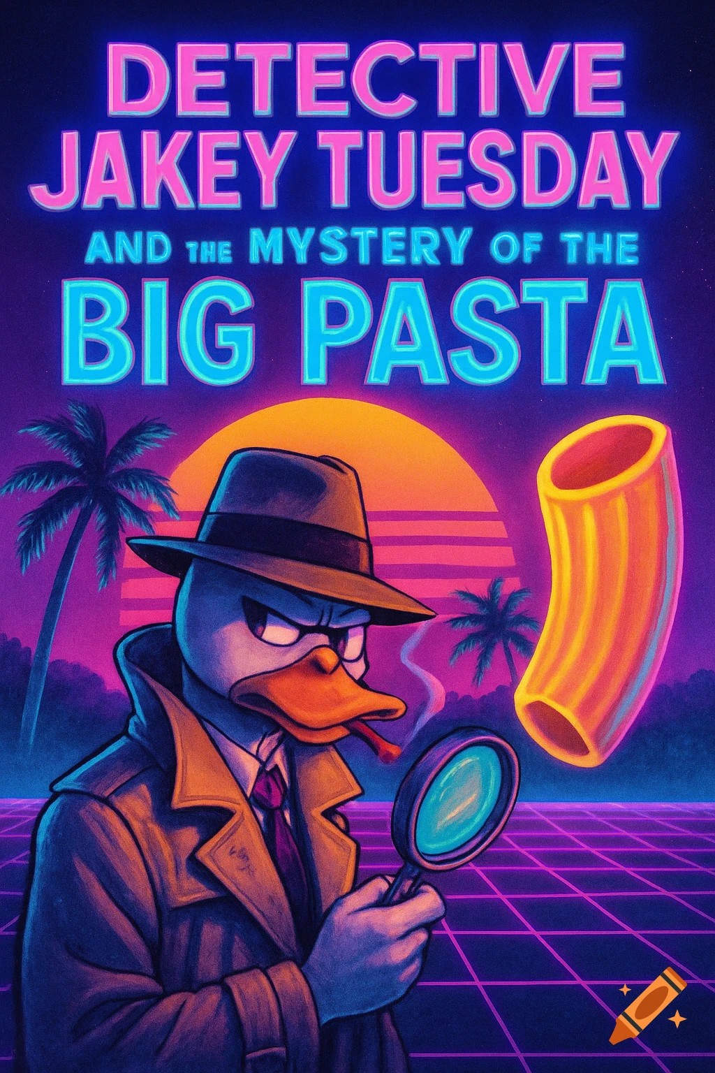 Cartoon duck detective on a vaporwave movie poster with large pasta.