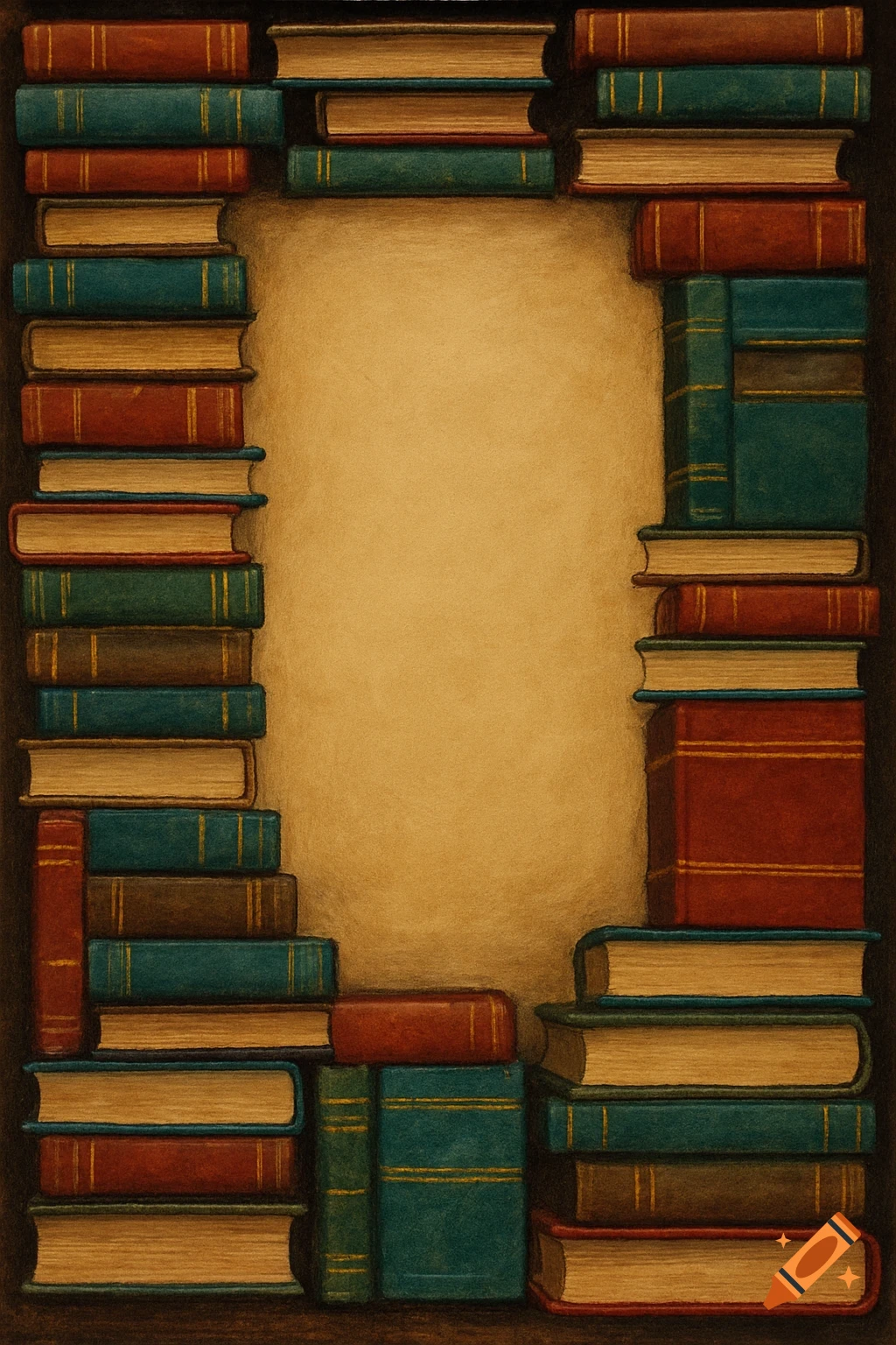 Stacks of books forming a border around a blank space, in an artistic style.