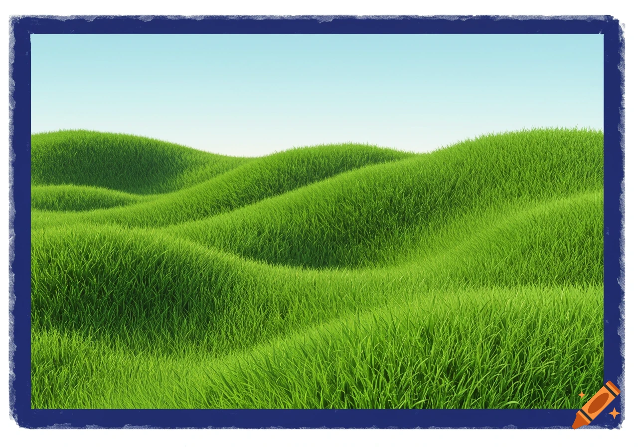 Rolling green hills covered in grass under a clear blue sky with a distressed blue border.