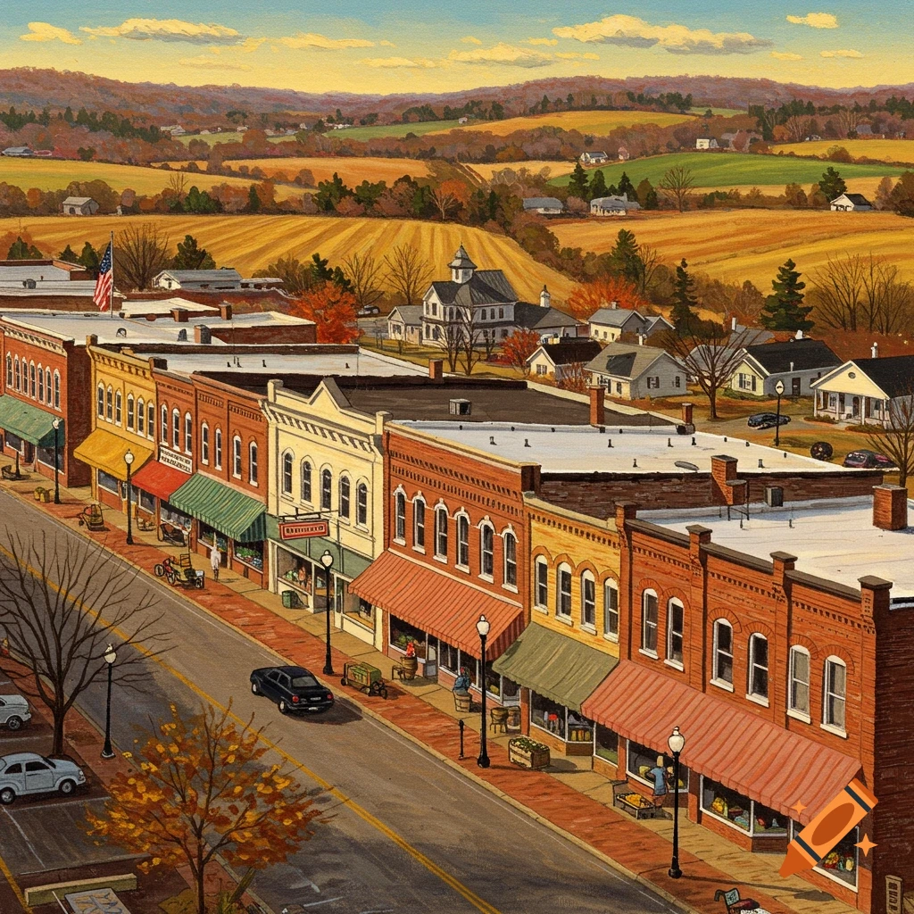 Painting of a small town street scene with shops, cars, trees, and rolling hills in the background.