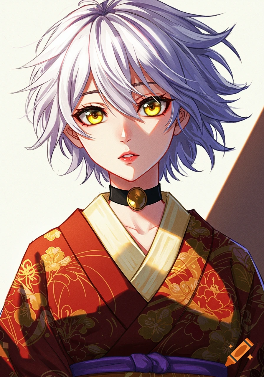 Anime portrait of a girl with white hair and golden eyes in a red kimono