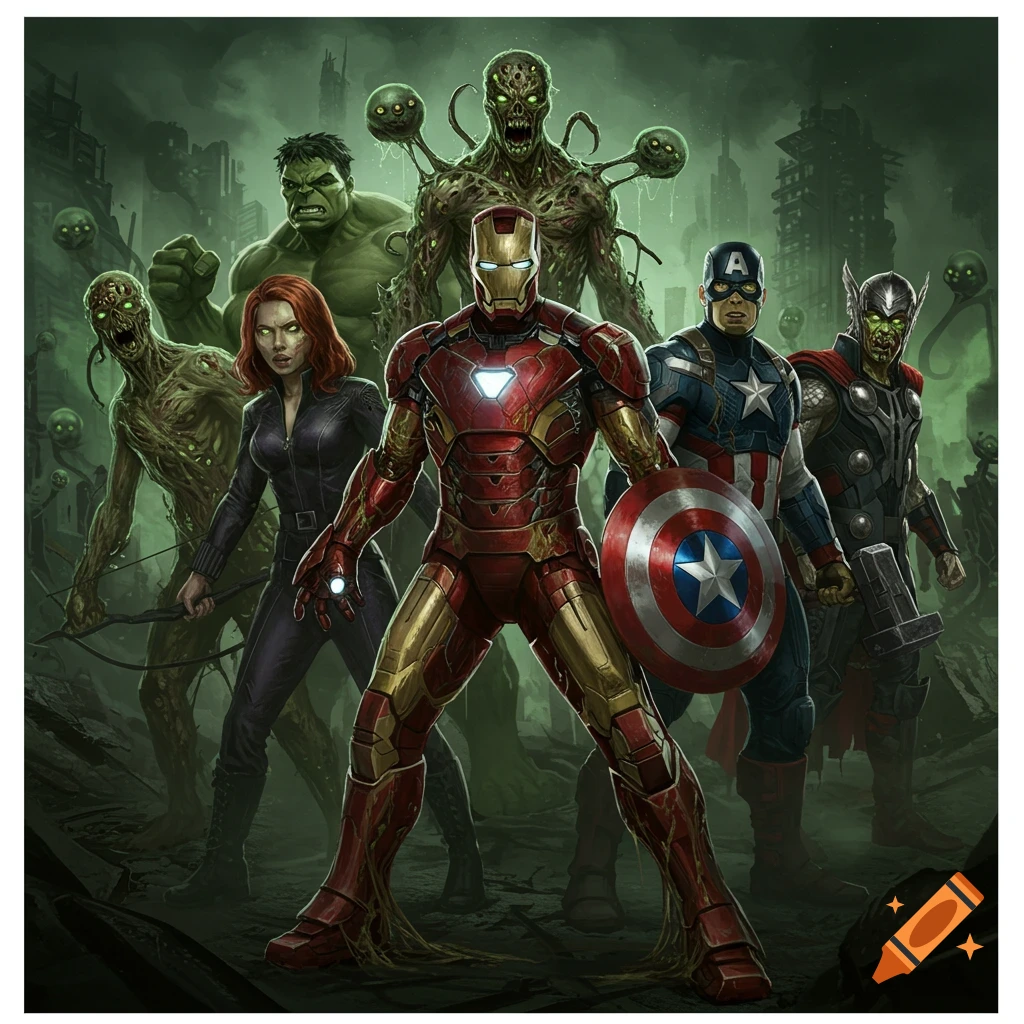 Infected Avengers heroes stand with zombies in a ruined city